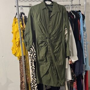 Olive Green Button-Front Twist Shirt Dress
